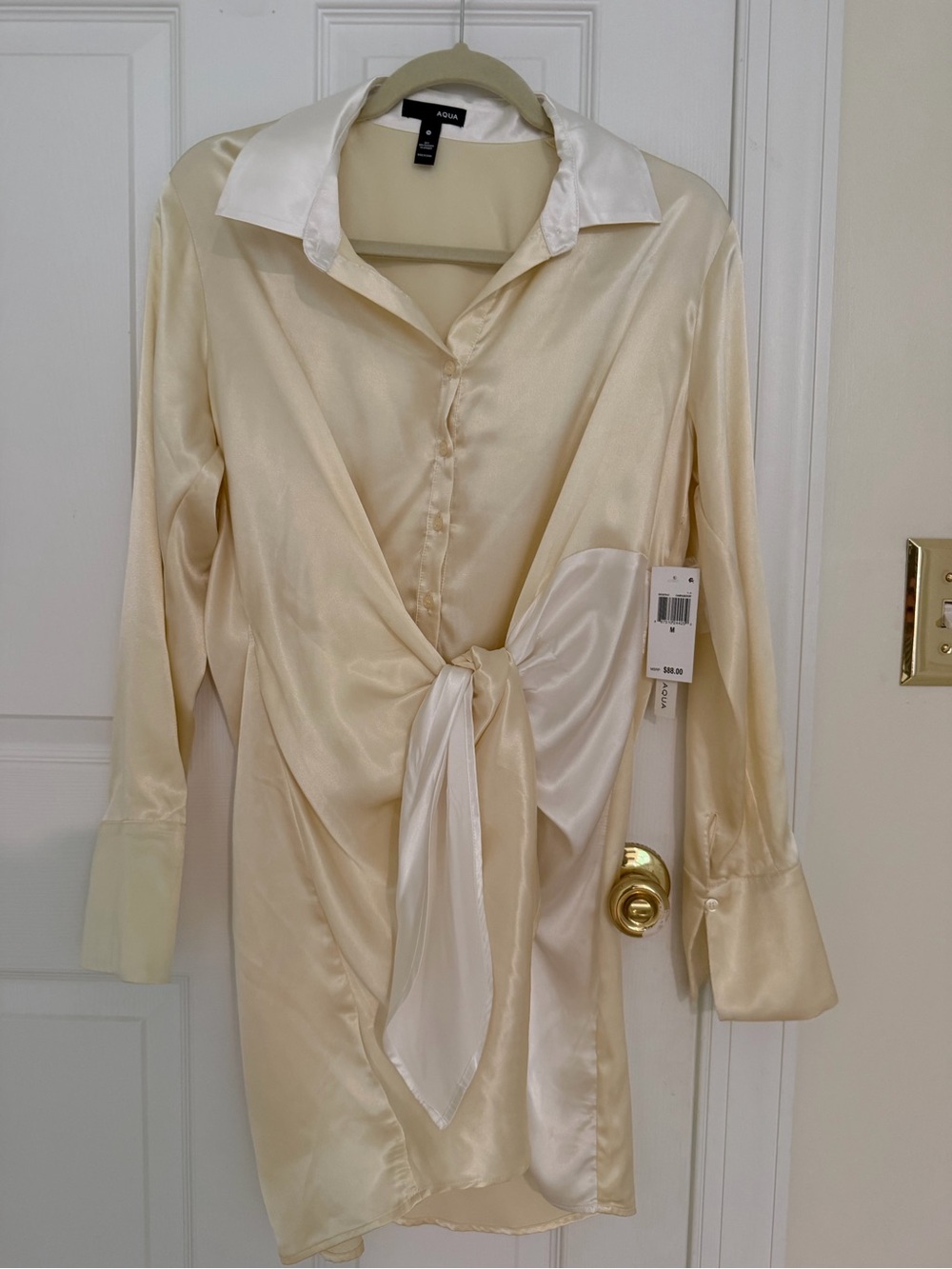 Aqua Ivory Satin Tie-Front Shirt Dress